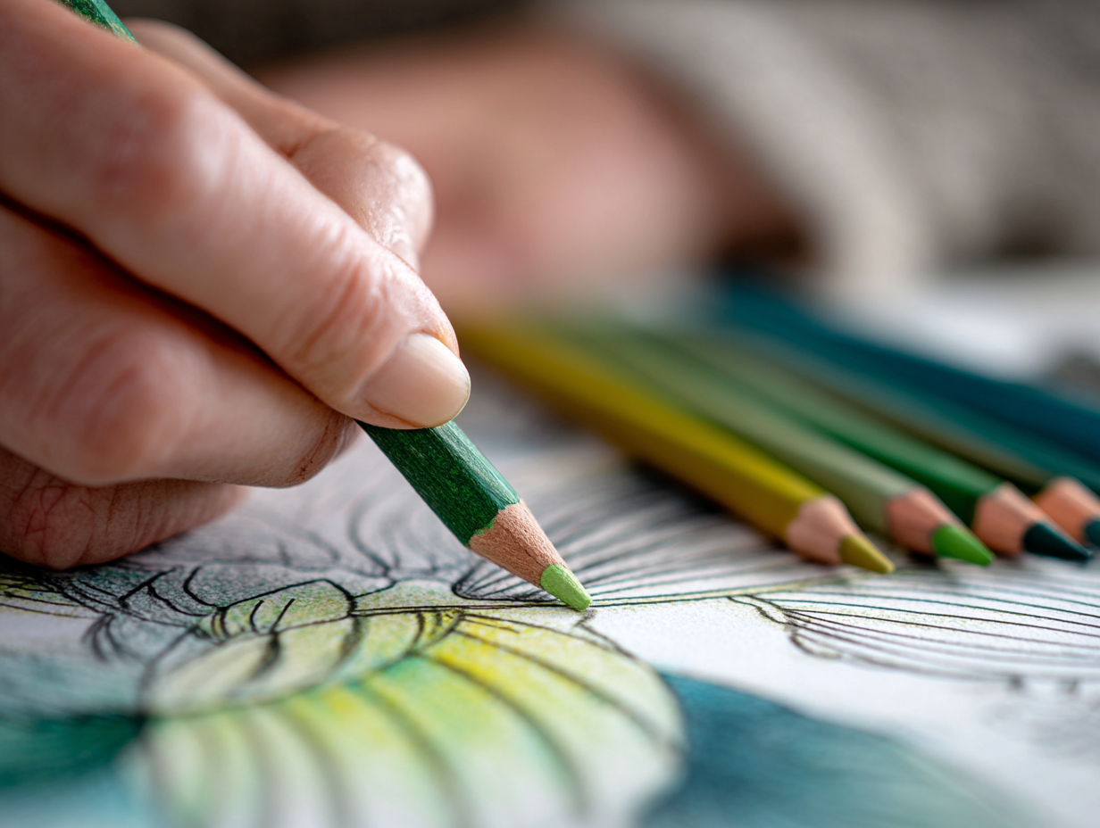 Artist shading a leaf illustration using light and dark green colored pencils, blending softly to create depth and shadow.